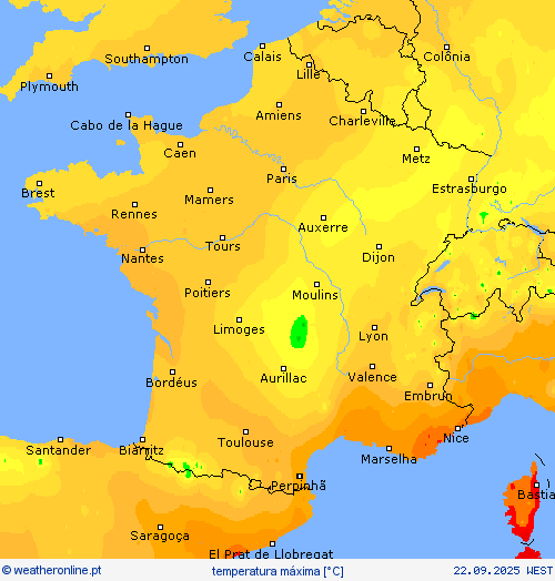 temperatura máxima mapas de previsão