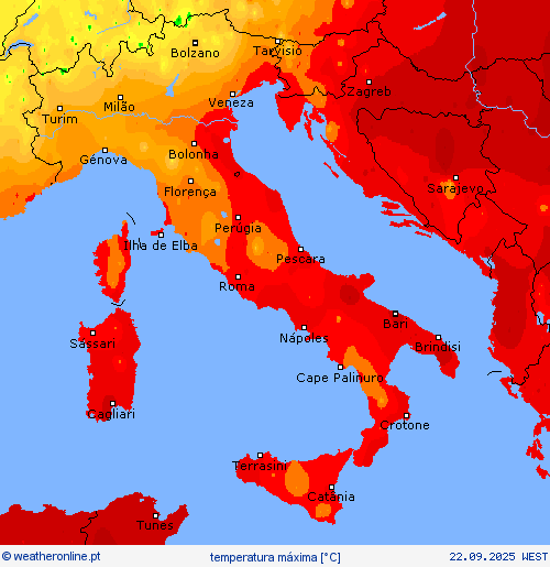 temperatura máxima mapas de previsão
