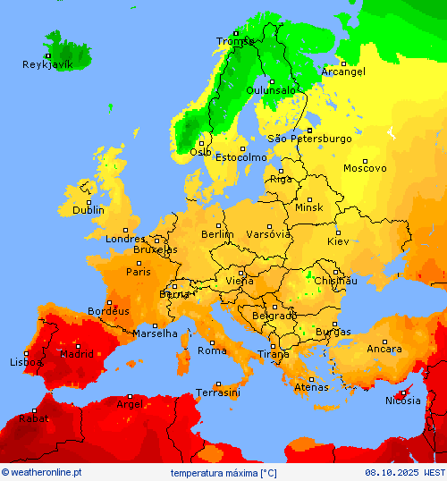 temperatura máxima mapas de previsão