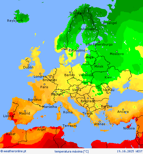 temperatura máxima mapas de previsão